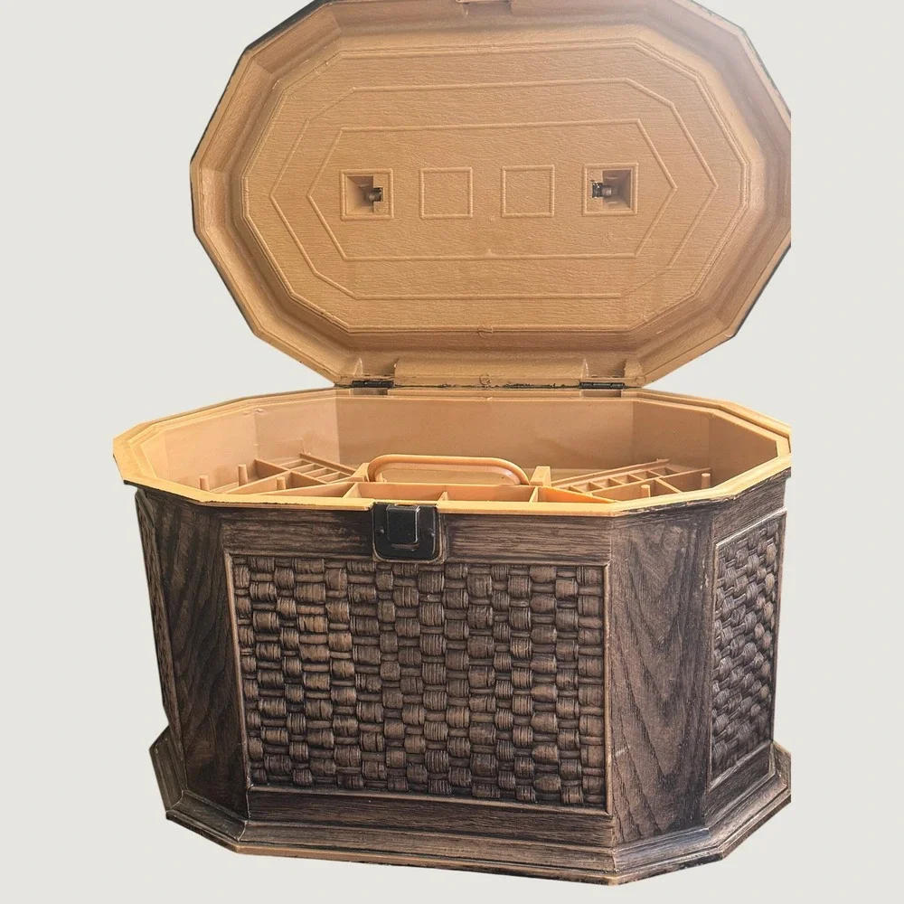 Vintage Lerner Faux Wood Wicker Large Sewing Storage Basket